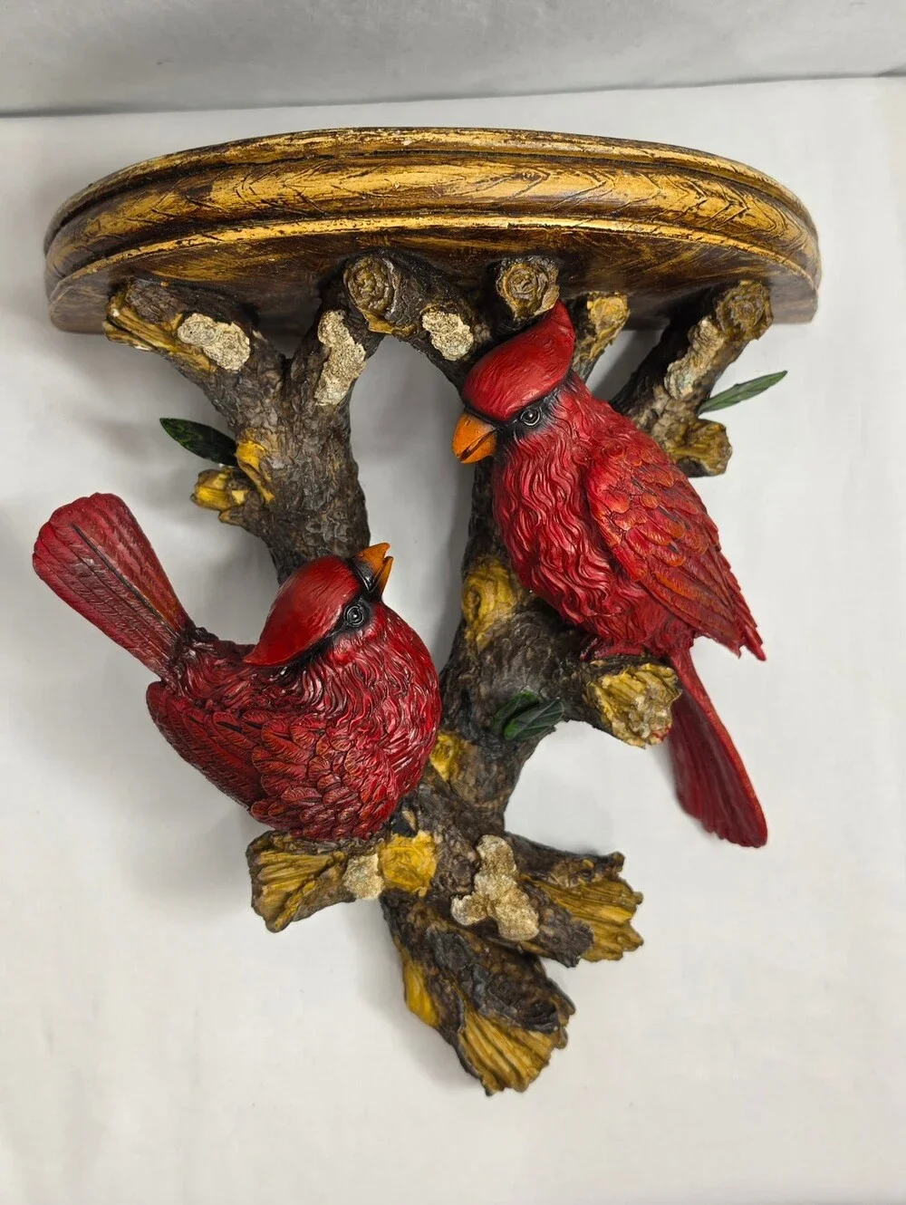 Vintage Rustic Red Cardinal Bird Wall Mount Shelf Ledge Faux Wood Resin Display